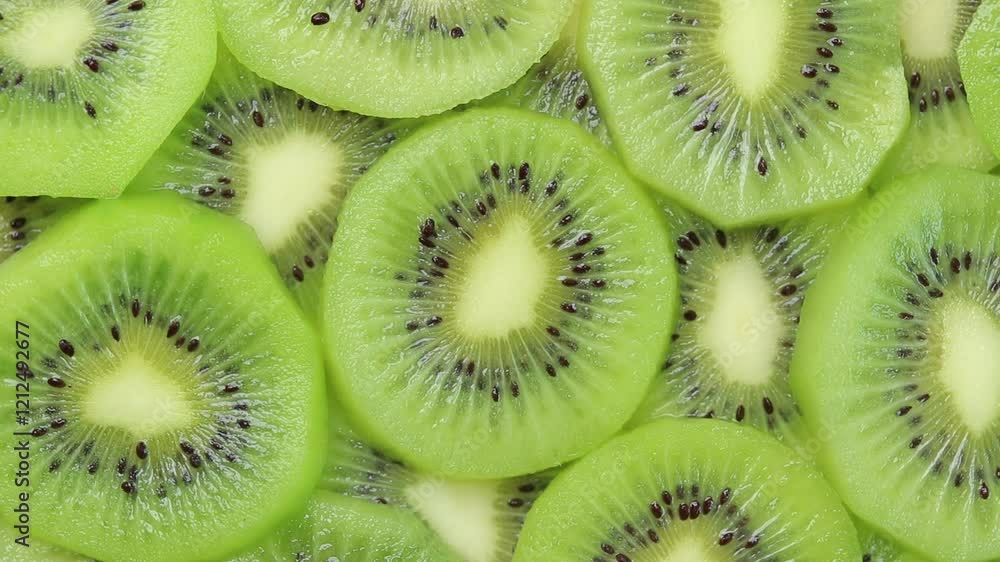 Heap of fresh kiwi fruit slices rotating. Top view Heap of fresh kiwi fruit slices rotating. Top view