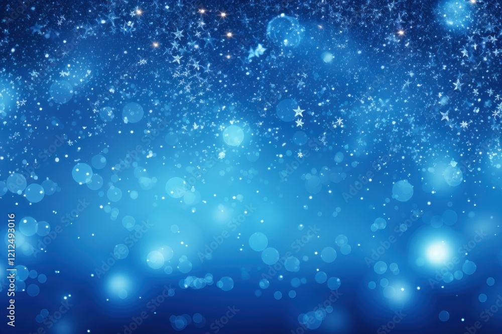Magical christmas background featuring falling snowflakes and glittering stars on a vibrant blue backdrop Magical christmas background featuring falling snowflakes and glittering stars on a vibrant blue backdrop