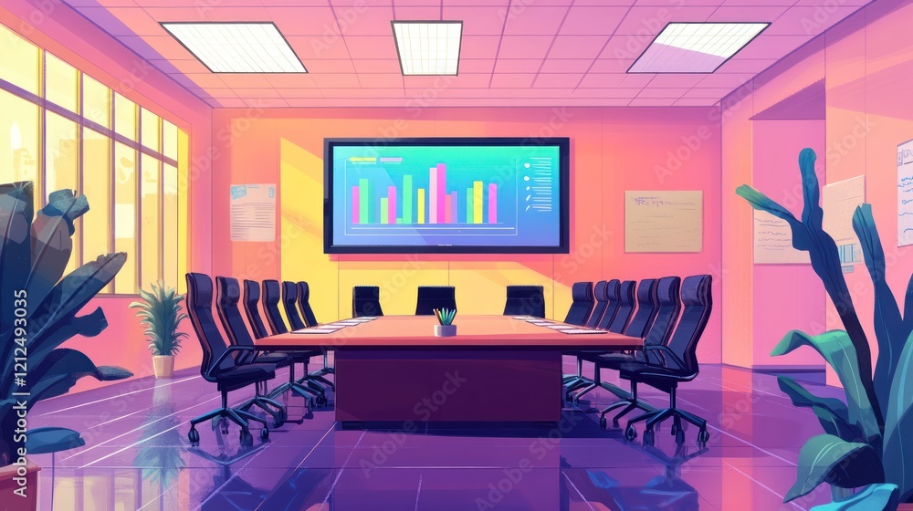 Fototapeta premium Modern office conference room with large screen displaying business charts, plants, and chairs around a long table.