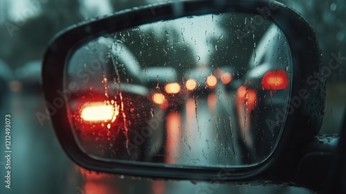 A close-up shot of a car's side mirror, showcasing blurred tail lights of heavy traffic through rain-soaked glass, symbolizing frustration and emotional disconnect. photo