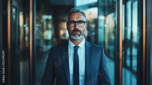 A professional-looking man in a tailored suit stands confidently in a sleek modern office, illuminated by natural light and reflecting business success and authority. photo