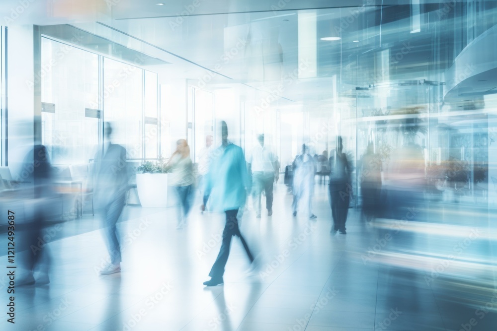 Blurred motion of doctors and business people walking in a modern hospital hallway Blurred motion of doctors and business people walking in a modern hospital hallway