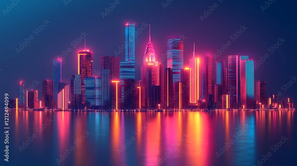 Neon cityscape reflected in calm water at night. Neon cityscape reflected in calm water at night.