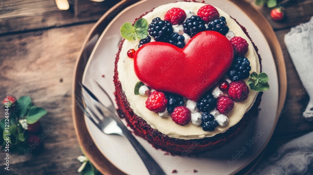 Red velvet cake decorated with heart-shaped topping, fresh berries, and marshmallows on wooden table. Red velvet cake decorated with heart-shaped topping, fresh berries, and marshmallows on wooden table.