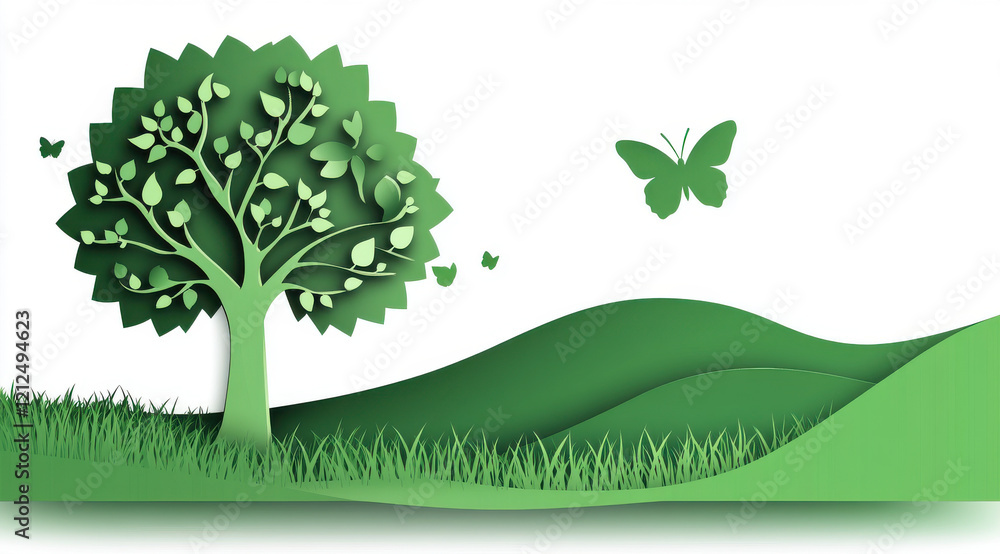 Fototapeta premium Green paper cut art featuring tree, butterflies, and hills