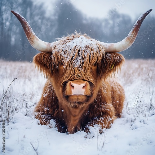 Resilient Highland Cow in Frosty Scottish Field photo