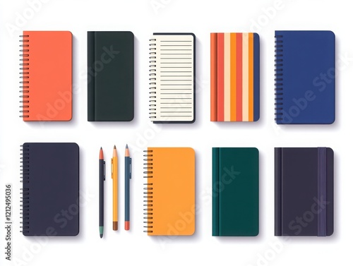 A collection of colorful notebooks and pens arranged neatly. Ideal for stationery lovers and creative projects. photo