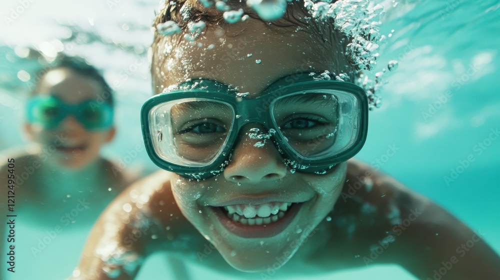 Naklejka premium Two joyful children wearing diving goggles explore underwater, capturing the essence of childhood laughter and adventure in a refreshing swimming pool environment.