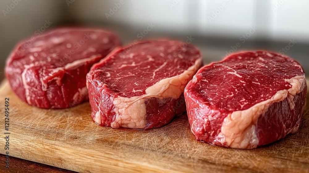 Three beautifully marbled raw steaks are perfectly arranged on a wooden cutting board, showcasing quality and inviting culinary creativity for a delicious meal. Three beautifully marbled raw steaks are perfectly arranged on a wooden cutting board, showcasing quality and inviting culinary creativity for a delicious meal.