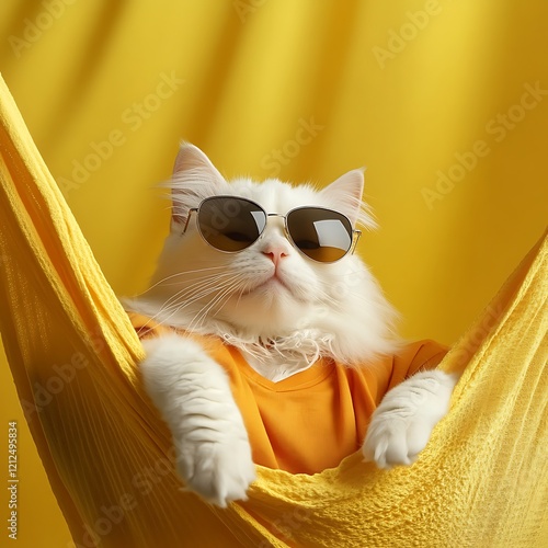 White cat wearing sunglasses in yellow hammock photo