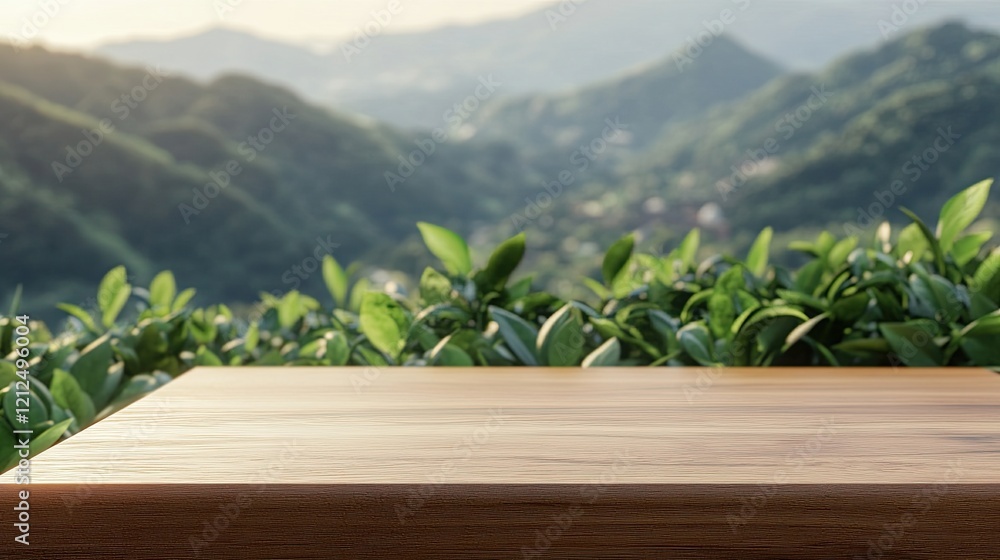 Natural Wooden Desk Setting with Soothing Tea Plantation Backdrop. Product display background, wood table, tea plantation, natural setting, green leaves Natural Wooden Desk Setting with Soothing Tea Plantation Backdrop. Product display background, wood table, tea plantation, natural setting, green leaves