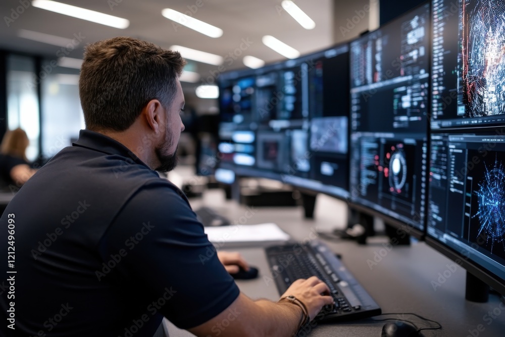 A focused analyst engages with multiple screens, showcasing data visualizations and cyber analytics, embodying modern tech-driven workplaces and advanced data analysis concepts. A focused analyst engages with multiple screens, showcasing data visualizations and cyber analytics, embodying modern tech-driven workplaces and advanced data analysis concepts.