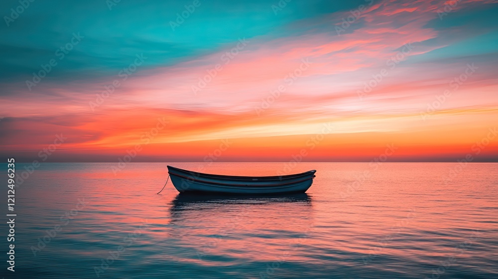 A serene boat floats on calm waters under a vibrant sunset, reflecting colors of orange, pink, and teal in a tranquil atmosphere. A serene boat floats on calm waters under a vibrant sunset, reflecting colors of orange, pink, and teal in a tranquil atmosphere.