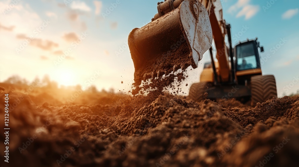 Fototapeta premium An excavator is shown lifting a pile of dirt during sunset, casting a warm glow over the construction site, highlighting the machinery's power and the beauty of the golden hour.