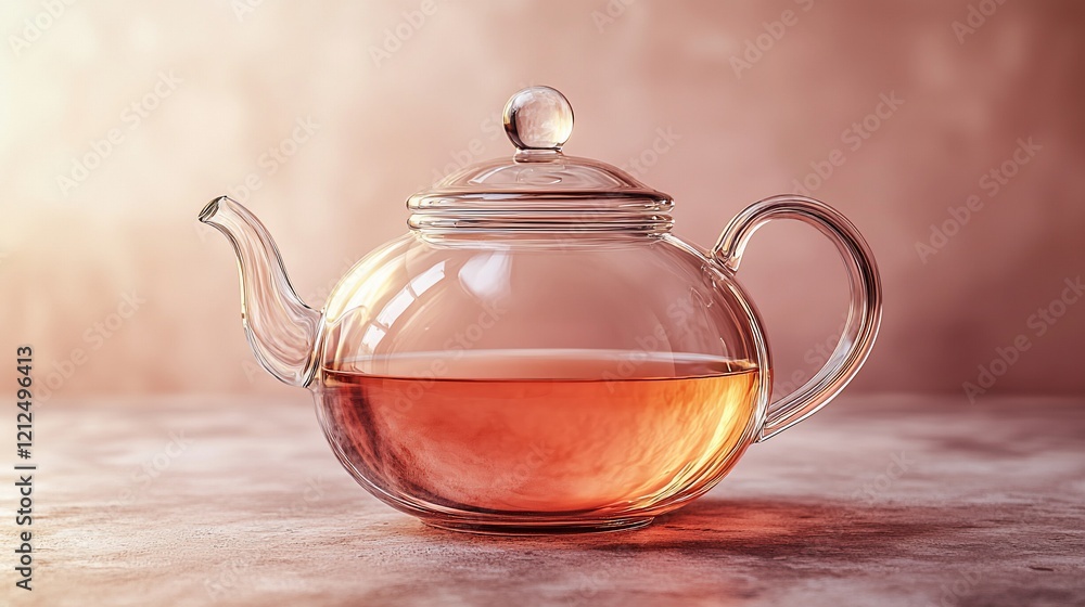 Glass teapot with brewed tea on table.