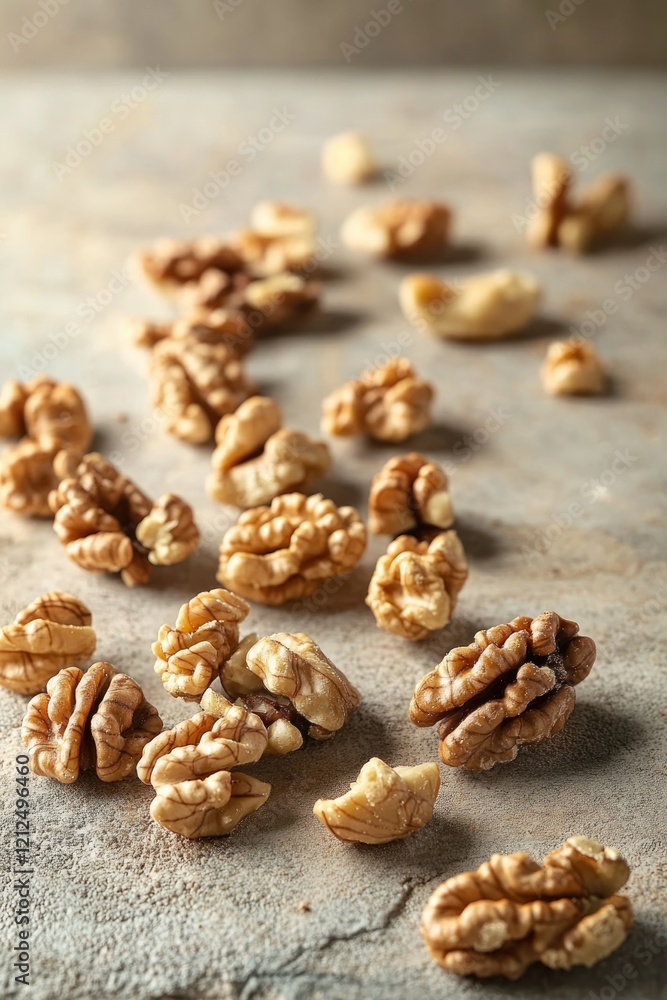 Scattered walnuts on textured surface create natural, organic ae Scattered walnuts on textured surface create natural, organic ae