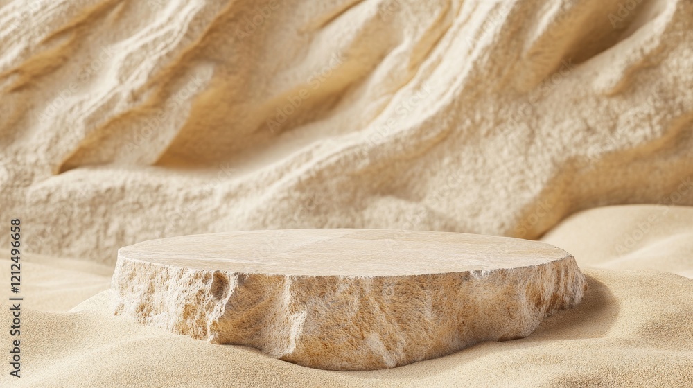 Natural stone platform on sandy terrain surrounded by textured sand dunes at sunrise Natural stone platform on sandy terrain surrounded by textured sand dunes at sunrise