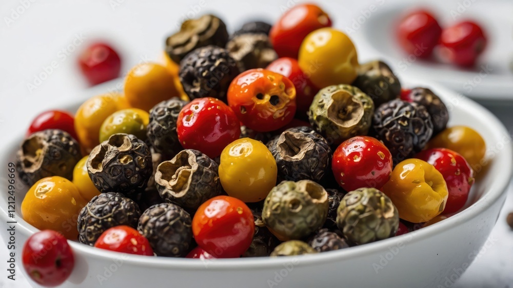 A bowl filled with colorful, textured berries and seeds, showcasing natural food diversity. A bowl filled with colorful, textured berries and seeds, showcasing natural food diversity.