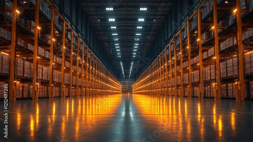 Illuminated industrial warehouse with symmetrical perspective