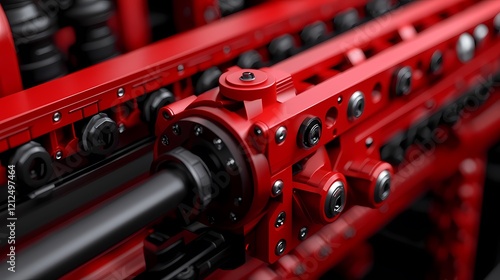 A close-up of intricate mechanical components in vibrant red, showcasing precision engineering and advanced machinery design. photo