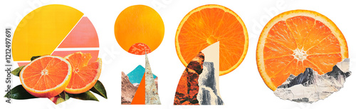 Abstract Citrus Collage: Vibrant Orange and Geometric Design with Surreal Nature Elements for Creative Projects. photo