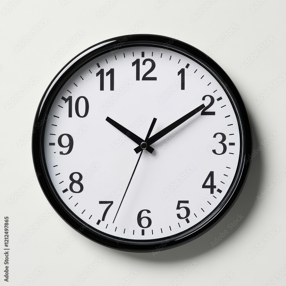 A classic round wall clock displaying the time as 2:10, featuring a black frame and clear white face with black numerals. A classic round wall clock displaying the time as 2:10, featuring a black frame and clear white face with black numerals.