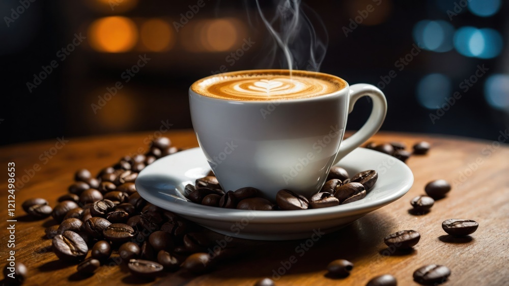A steaming coffee cup sits on a wooden table surrounded by coffee beans. A steaming coffee cup sits on a wooden table surrounded by coffee beans.