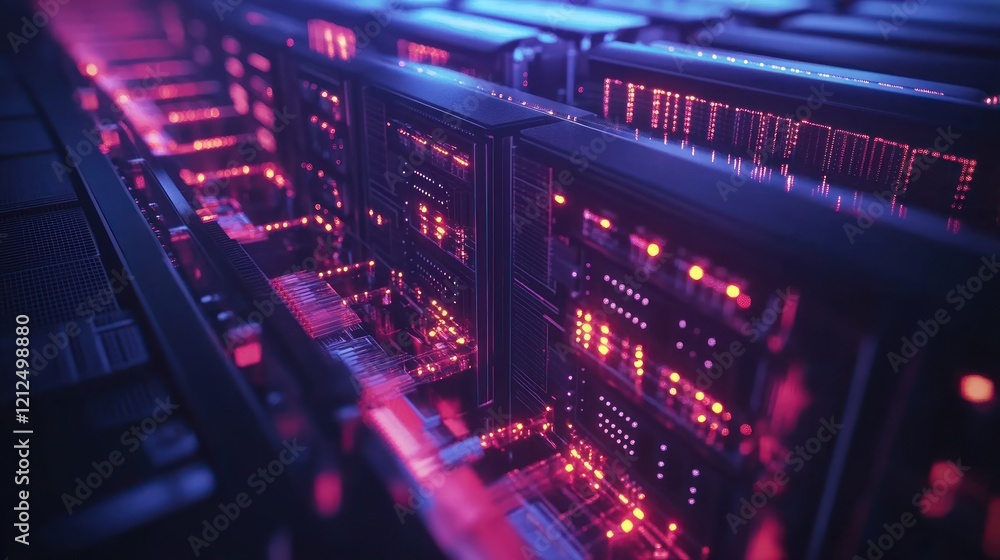 Futuristic server room with glowing lights and complex network infrastructure. Futuristic server room with glowing lights and complex network infrastructure.