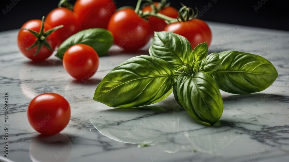 Fresh tomatoes and basil on a marble surface, ideal for culinary use. Fresh tomatoes and basil on a marble surface, ideal for culinary use.