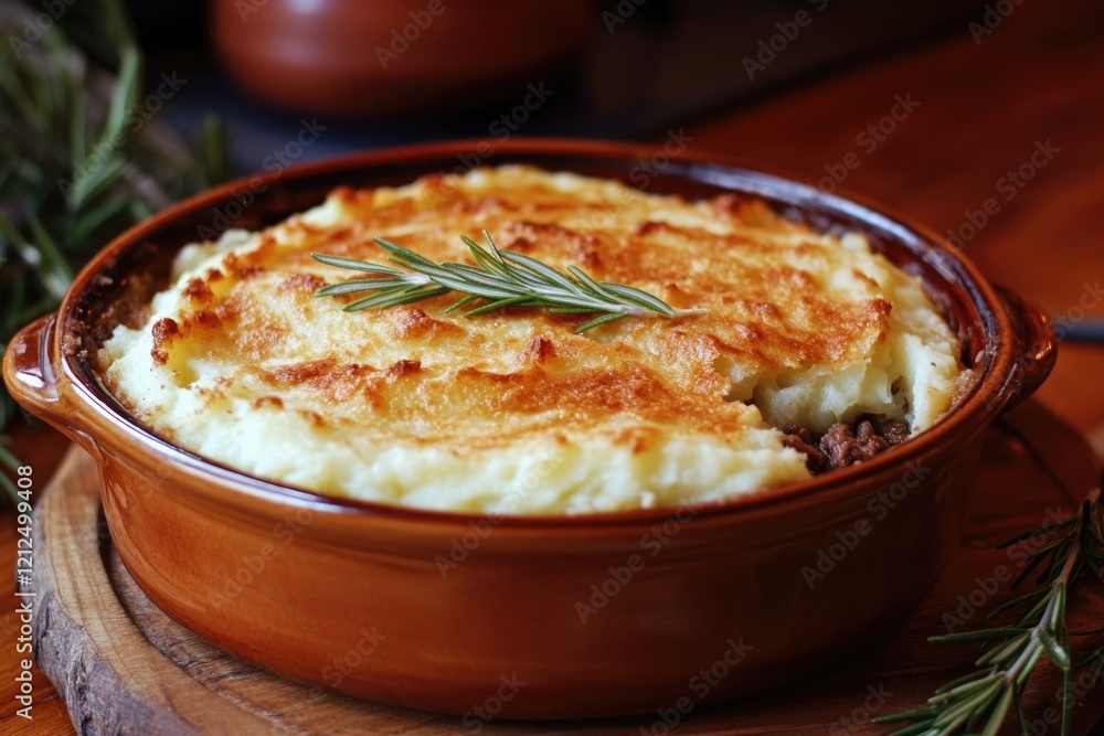 Rich and creamy dish topped with golden-brown mashed potatoes, g Rich and creamy dish topped with golden-brown mashed potatoes, g