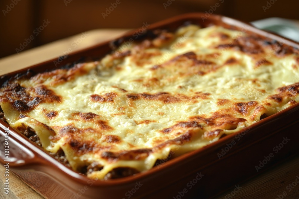 Golden-brown lasagna bubbling with melted cheese and rich layers Golden-brown lasagna bubbling with melted cheese and rich layers
