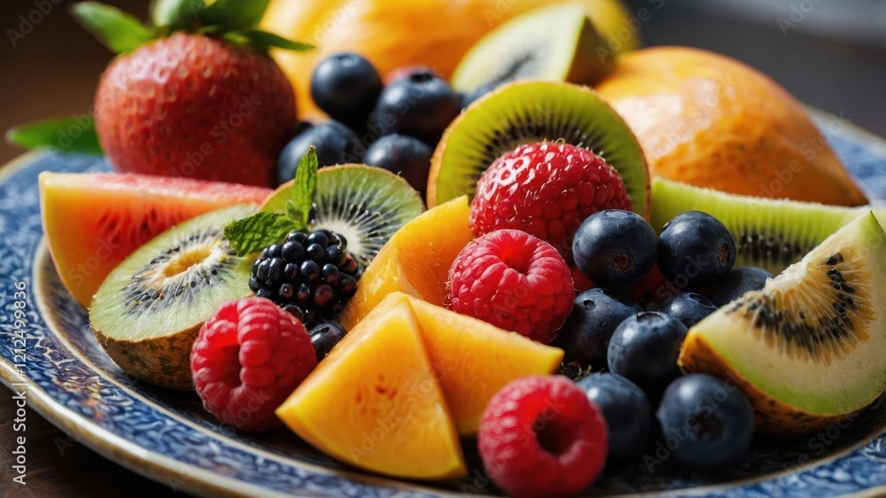 A vibrant assortment of fresh fruits arranged on a decorative plate. A vibrant assortment of fresh fruits arranged on a decorative plate.