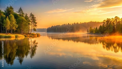 serene Finnish lake landscape at summer dusk with misty forest surroundings and warm golden light on water, golden hour, forest landscape