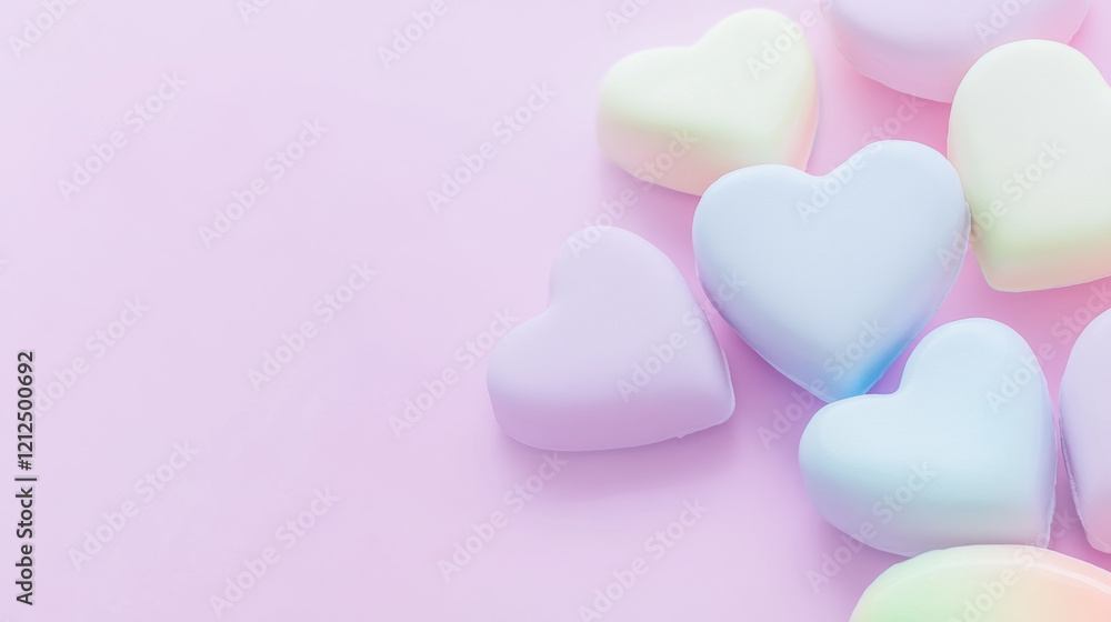 Valentines Day heart-shaped candies on pink surface, pastel colors, background Valentines Day heart-shaped candies on pink surface, pastel colors, background