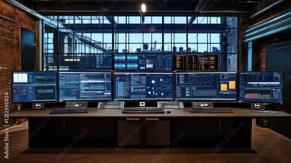 Modern control room with multiple monitors displaying data against a city backdrop. Modern control room with multiple monitors displaying data against a city backdrop.