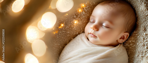 Cozy newborn photo of silkwrapped baby in glowing light indoor studio setting soft focus viewpoint heartwarming concept photo