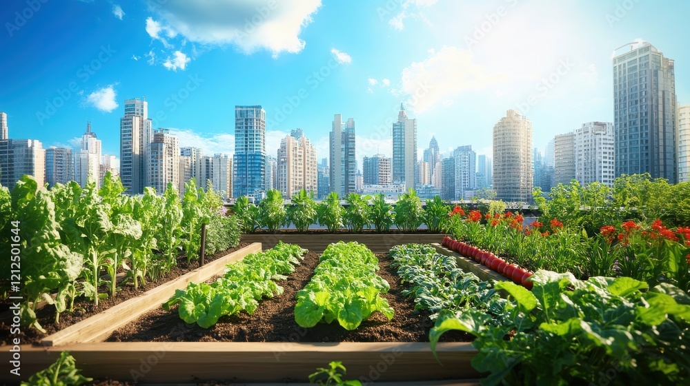 Fototapeta premium Skyline garden showcases urban agriculture with lush green plants and vibrant city buildings under a bright blue sky. Generative AI
