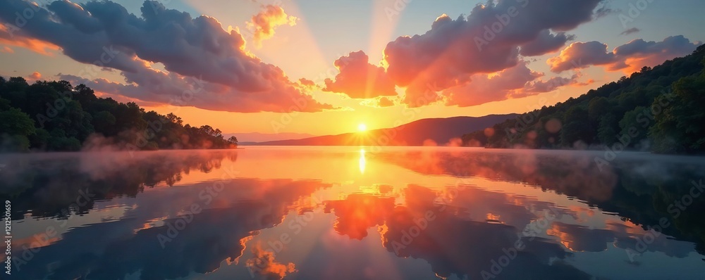 Fototapeta premium Breathtaking sunset over a serene lake, reflecting vibrant colors in the calm water.