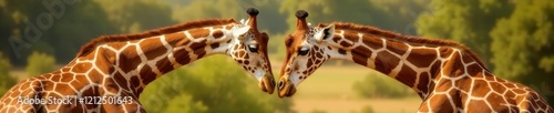 Adult giraffes engage in a shoving match, heads lowered , wildlife behavior, competition, giraffe photo