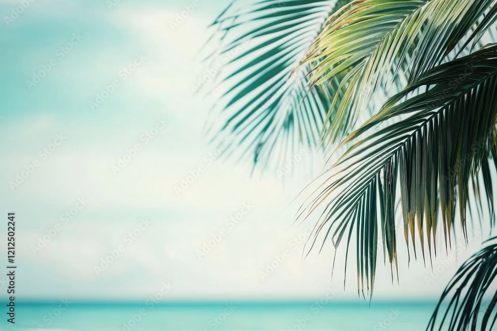 Lush palm leaves frame tranquil ocean view, evoking serene tropi Lush palm leaves frame tranquil ocean view, evoking serene tropi