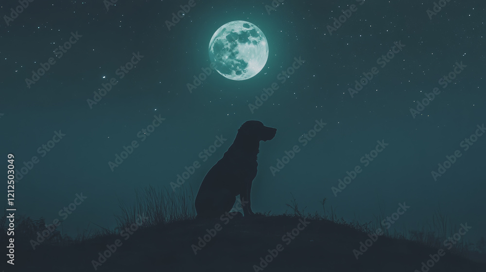 silhouette of dog sitting on hill under full moon, surrounded by stars, creates serene and peaceful atmosphere silhouette of dog sitting on hill under full moon, surrounded by stars, creates serene and peaceful atmosphere