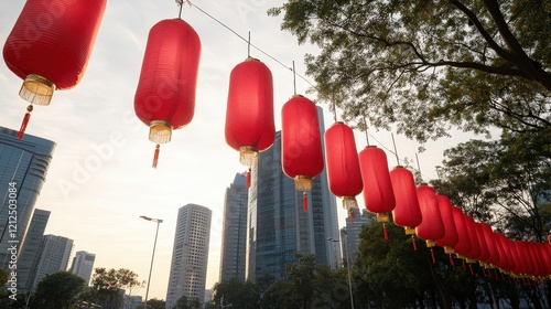 Festive Red Lanterns Adorning Modern Cityscape, Celebrating Chinese New Year Traditions photo