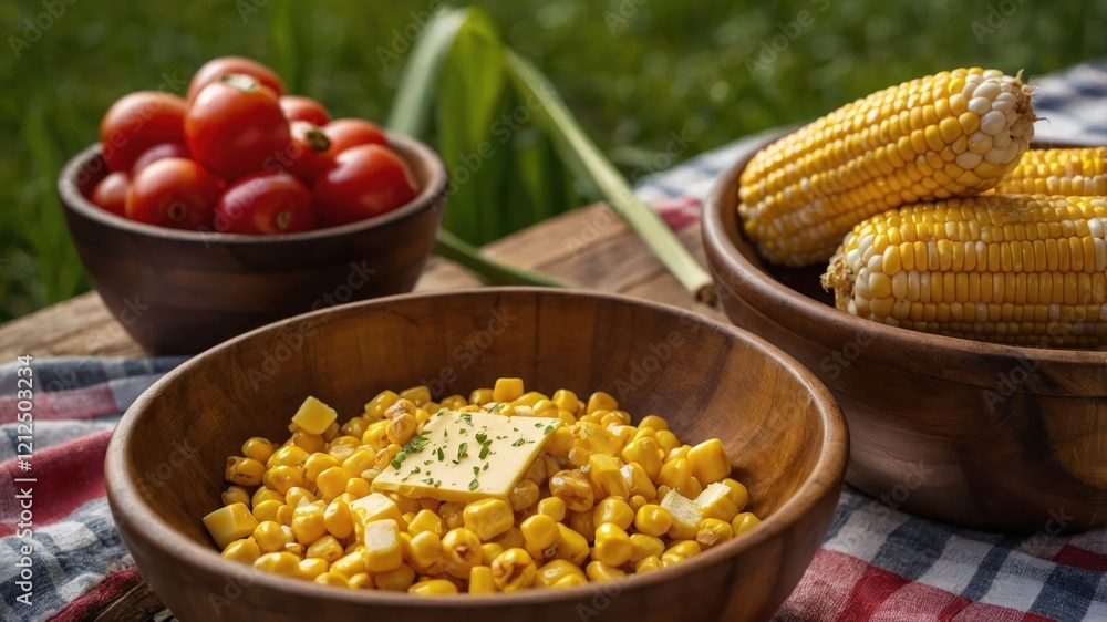 A vibrant outdoor food scene featuring fresh corn, tomatoes, and butter in wooden bowls. A vibrant outdoor food scene featuring fresh corn, tomatoes, and butter in wooden bowls.