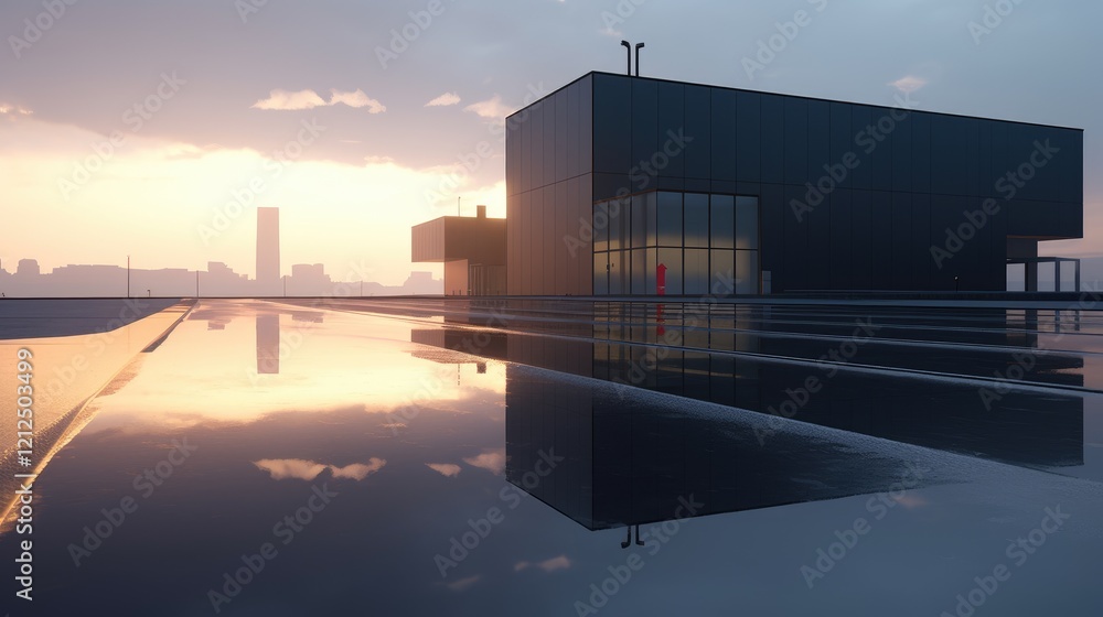 Fototapeta premium Modern Architecture at Sunset: A sleek, black building reflects perfectly in a still body of water at sunset, creating a stunning symmetrical image against the backdrop of a city skyline.