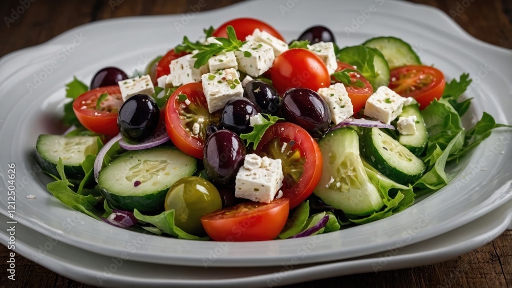 A vibrant salad featuring fresh vegetables and feta cheese, perfect for a healthy meal. A vibrant salad featuring fresh vegetables and feta cheese, perfect for a healthy meal.