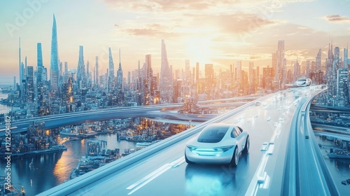 Futuristic electric car driving on elevated highway overlooking a sprawling cityscape at sunset.