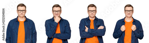 Set of several portraits of man over transparent background
