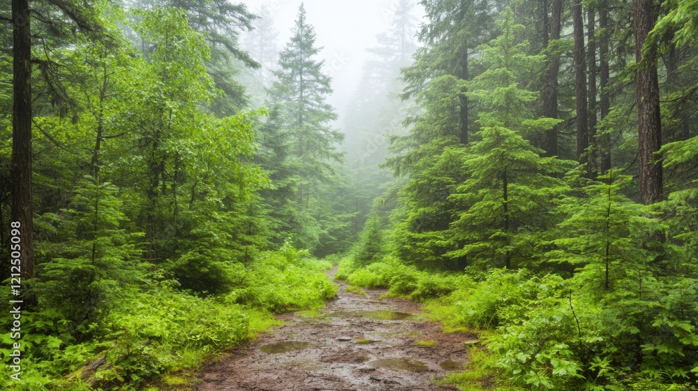 Obraz premium Exploring Misty Forest Paths Nature's Serenity Lush Greenery Landscape Tranquil Environment Eye-Level Viewpoint Outdoor Adventure