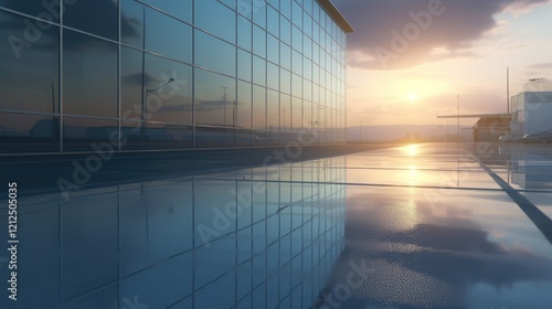 Airport Sunset Reflection  A modern airport terminal gleams at sunset  its glass facade reflecting the vibrant colors of the sky and the calm waters of a reflecting pool.