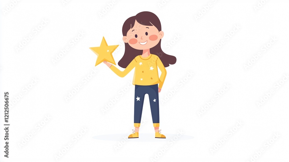 Enchanting Illustration of Young Girl Holding a Star in Wide Angle View Enchanting Illustration of Young Girl Holding a Star in Wide Angle View